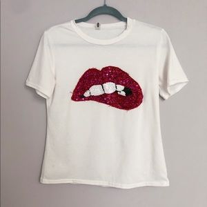 White T-shirt with Sequin Lip Embroidery
